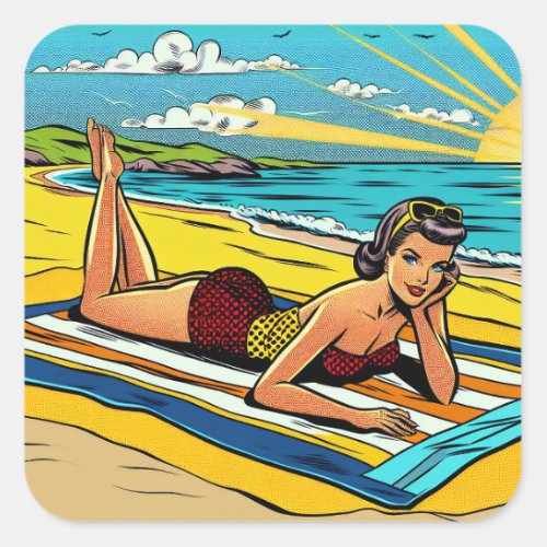 Pretty Pinup Girl on the Beach Square Sticker