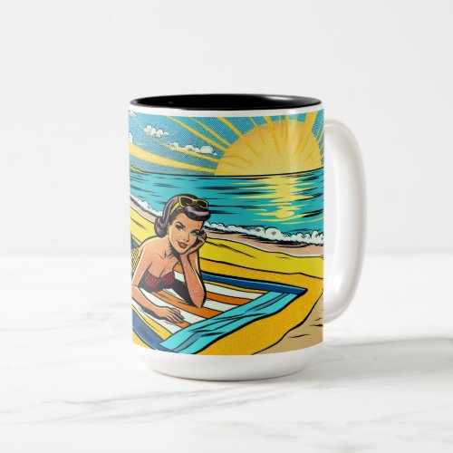 Pretty Pinup Girl on the Beach Two_Tone Coffee Mug