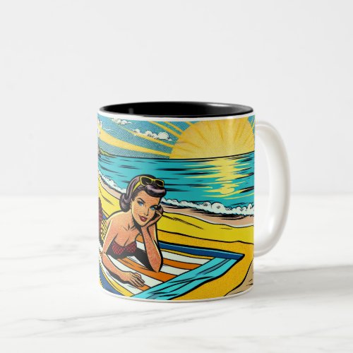 Pretty Pinup Girl on the Beach Two_Tone Coffee Mug
