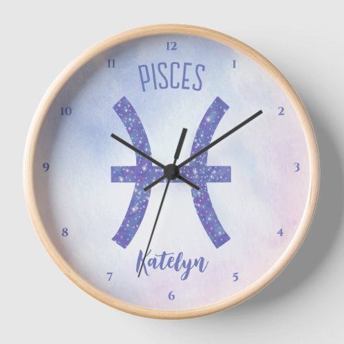 Pretty Pisces Astrology Sign Personalized Purple Clock