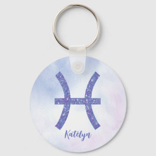 Pretty Pisces Astrology Sign Personalized Purple Keychain