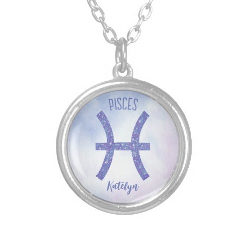 Pretty Pisces Astrology Sign Personalized Purple Silver Plated Necklace