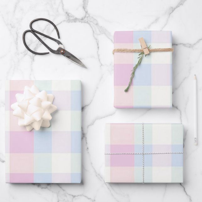 Pretty Plaid Pastel Pink Blue Pattern Wrapping Paper Sheets (Front)