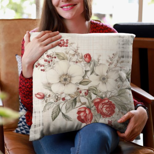 Pretty Plaid Red Berries Roses White Flowers Throw Pillow