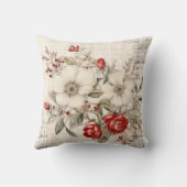 Pretty Plaid Red Berries Roses White Flowers Throw Pillow (Back)