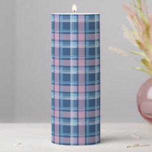 Pretty Plaid Tartan Checkered Pink And Blue Pillar Candle