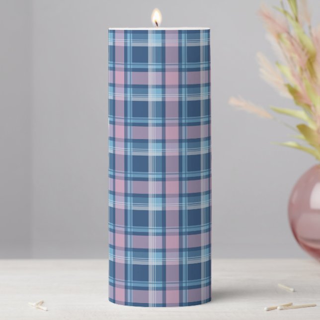 Pretty Plaid Tartan Checkered Pink And Blue Pillar Candle (In Situ)