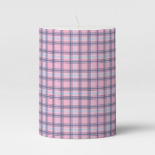Pretty Plaid Tartan Checkered Pink And Blue Pillar Candle