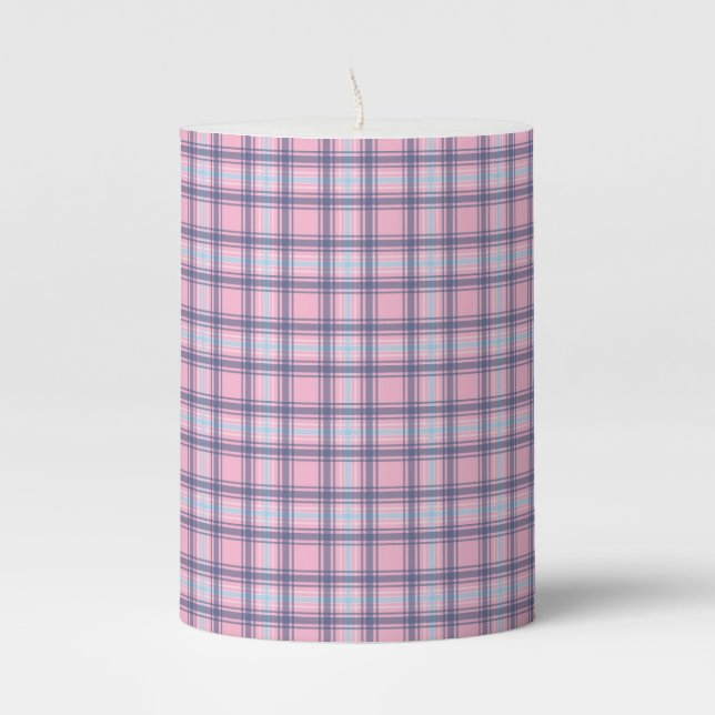 Pretty Plaid Tartan Checkered Pink And Blue Pillar Pillar Candle (Front)