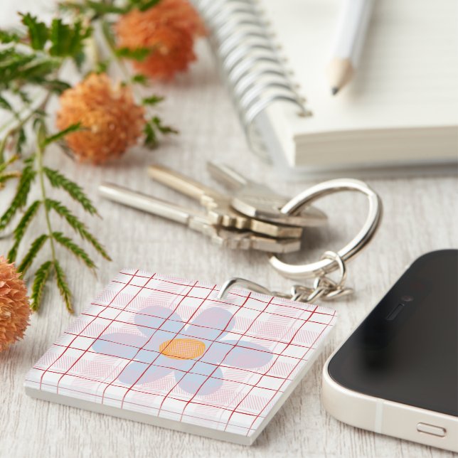 Pretty plaid with floral pink blue pattern modern keychain (Front Right)