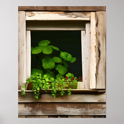 Pretty Plants in Rustic Window with Weathered Wood Poster
