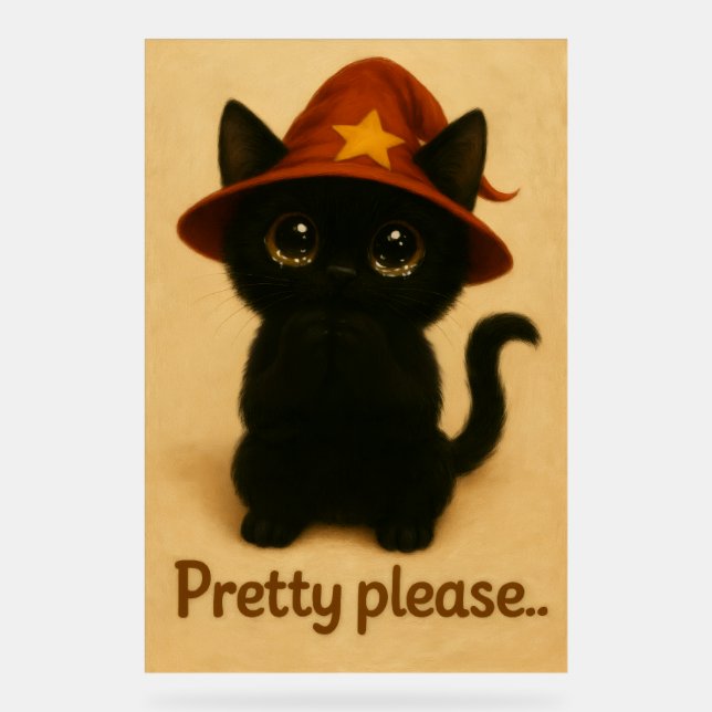 Pretty Please – Cute Black Cat with Wizard Hat Acrylic Sign (Front)