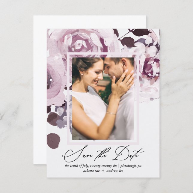 Pretty Plum Bouquet and Frame Save the Date Invitation Postcard (Front/Back)