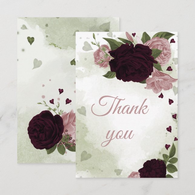 pretty plum burgundy and pink flowers thank you card (Front/Back)