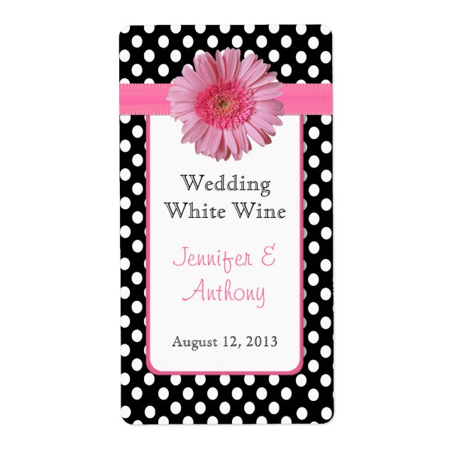 Pretty Polka Dot & Daisy Wedding Wine Labels (Front)