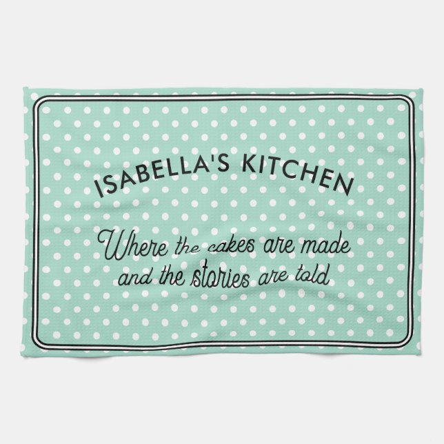 Pretty Polka Dot Patterned Light Aqua Kitchen Towel (Horizontal)