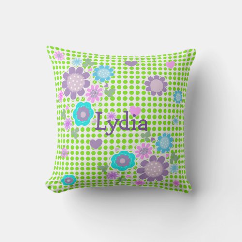 Pretty Polka Dot Whimsy Floral Print Personalized Throw Pillow