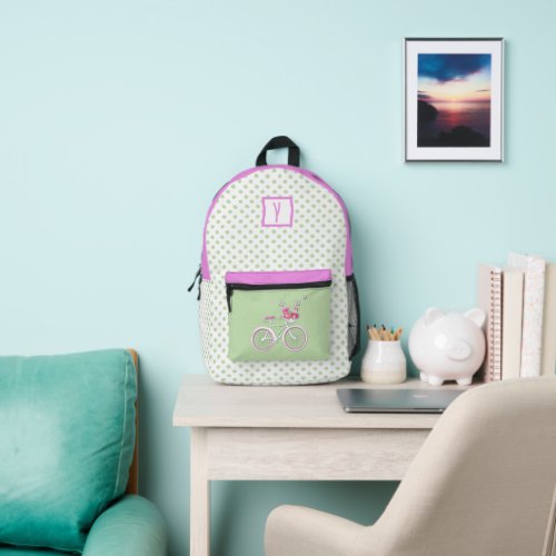 Pretty Polka Dots and Bicycle Personalized Printed Backpack