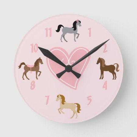 Pretty Ponies And Pink Heart Cute Horse Round Clock