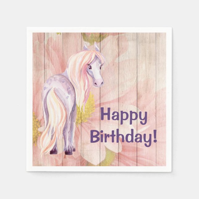 Pretty Pony and Daisies Barn Wood Horse Birthday Napkins (Front)