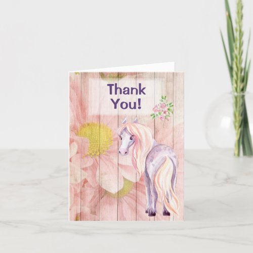 Pretty Pony and Daisies on Barn Wood Horse Thank You Card