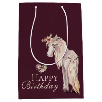 Pretty Pony and Flowers Horse Happy Birthday Medium Gift Bag