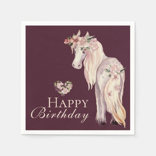 Pretty Pony and Flowers Horse Happy Birthday Napkins
