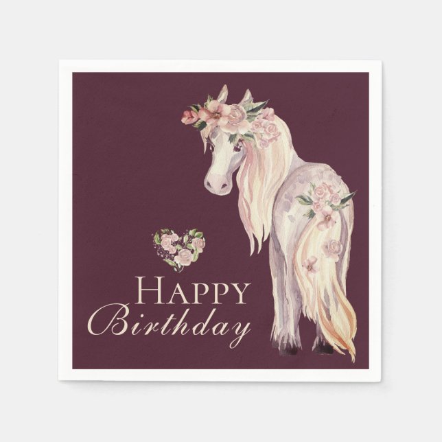 Pretty Pony and Flowers Horse Happy Birthday Napkins (Front)