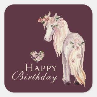 Pretty Pony and Flowers Horse Happy Birthday Square Sticker