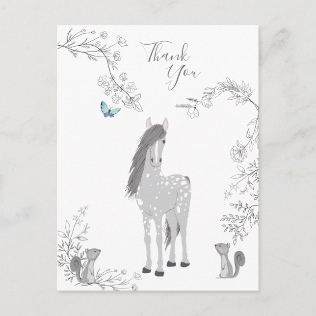 Pretty Pony and Squirrels Woodland Horse Thank You Postcard (Front)