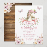 Pretty pony birthday invitation floral boho horse