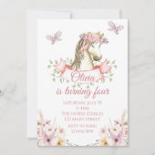 Pretty pony birthday invitation floral boho horse (Front)