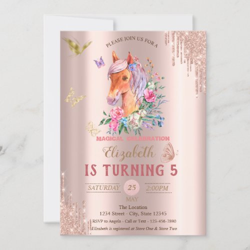Pretty Pony Butterflies Rose Gold Drips Birthday Invitation