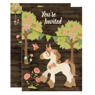 Pretty Pony, Butterfly and Flowers Horse Birthday Invitation