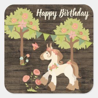 Pretty Pony, Butterfly and Flowers Horse Square Sticker