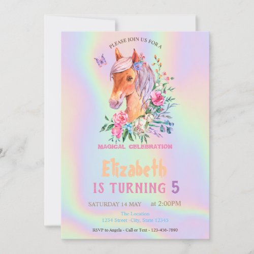Pretty Pony Flowers Holographic Birthday Invitation