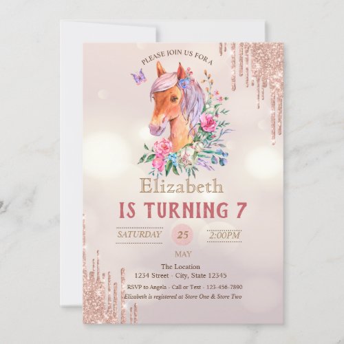 Pretty Pony Glitter Drips Bokeh Birthday Invitation