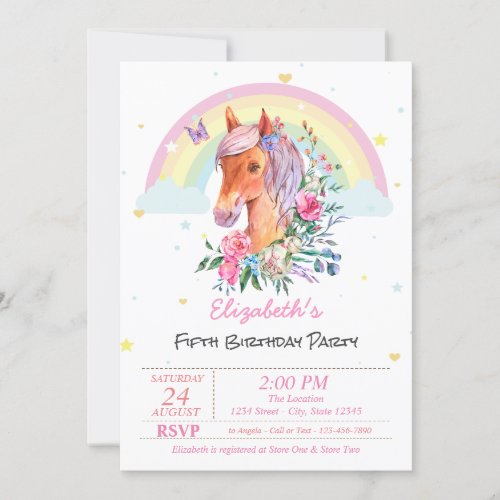 Pretty Pony Rainbow Stars Birthday Invitation