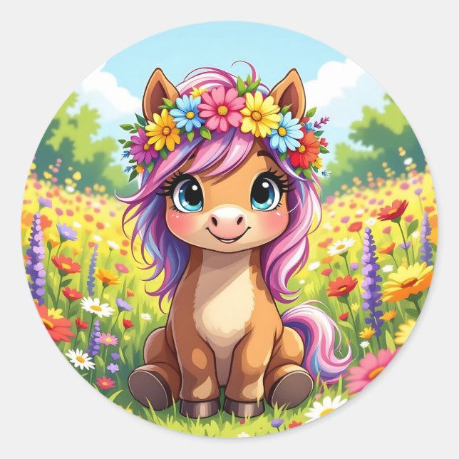 Pretty Pony with Flowers Classic Round Sticker (Front)