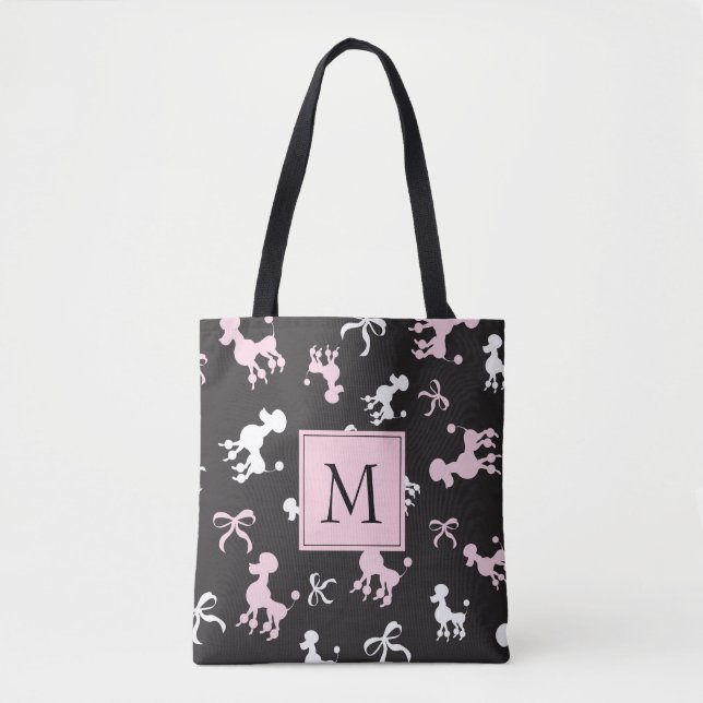 Pretty Poodles Monogram Pink and Black Tote Bag (Front)