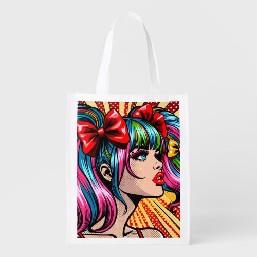 Pretty Pop Art Comic Girl Colorful Ai Art Grocery Bag