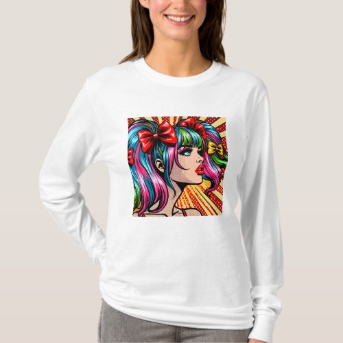 Pretty Pop Art Comic Girl Colorful Ai Art T_Shirt