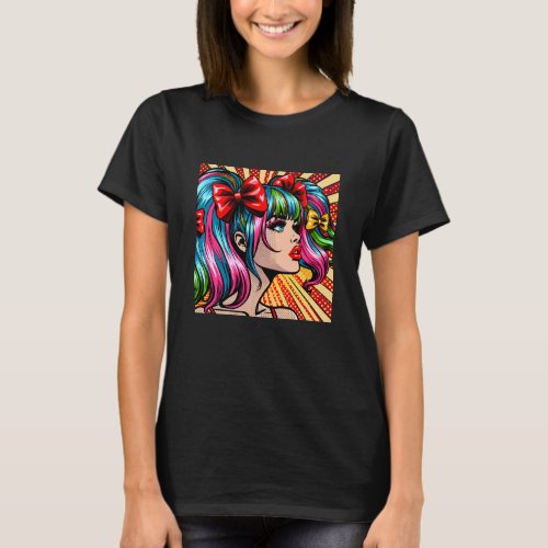 Pretty Pop Art Comic Girl Colorful Ai Art T_Shirt