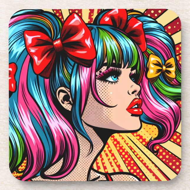 Pretty Pop Art Comic Girl with Bows Beverage Coaster (Front)