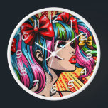 Pretty Pop Art Comic Girl with Bows Clock<br><div class="desc">Colorful cute pop art comic style girl with pigtails and bows in her hair.</div>