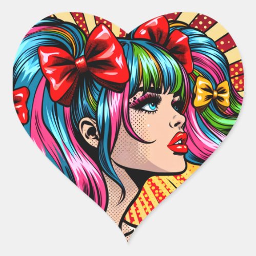 Pretty Pop Art Comic Girl with Bows Heart Sticker
