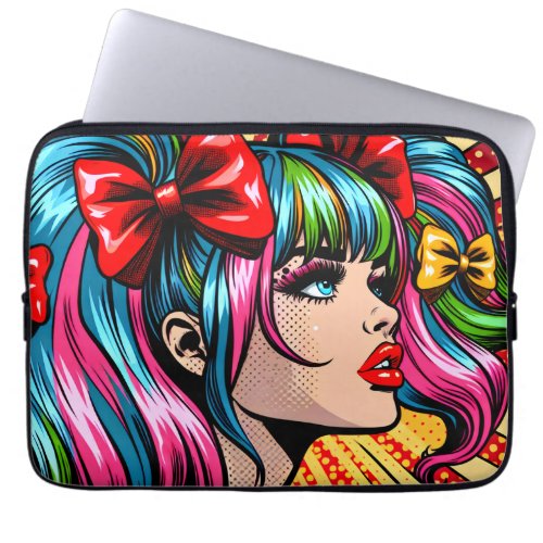 Pretty Pop Art Comic Girl with Bows Laptop Sleeve