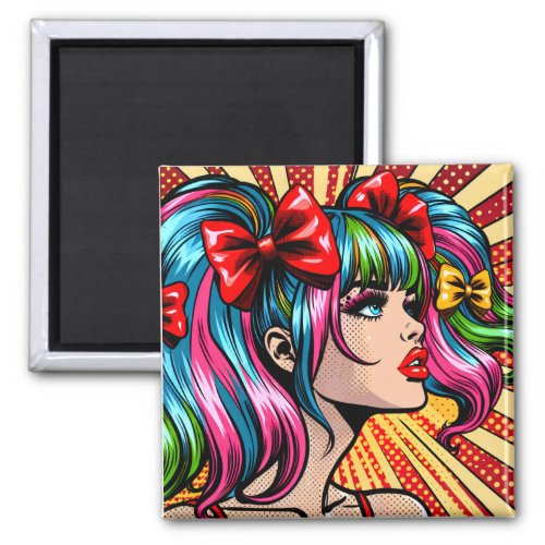 Pretty Pop Art Comic Girl with Bows Magnet