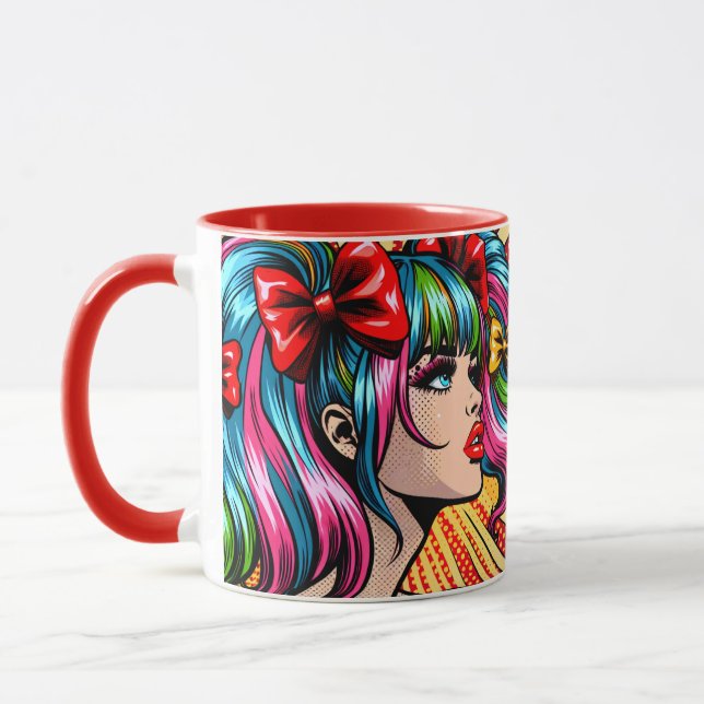 Pretty Pop Art Comic Girl with Bows Mug (Left)