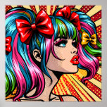 Pretty Pop Art Comic Girl with Bows Poster<br><div class="desc">Colorful cute pop art comic style girl with pigtails and bows in her hair.</div>